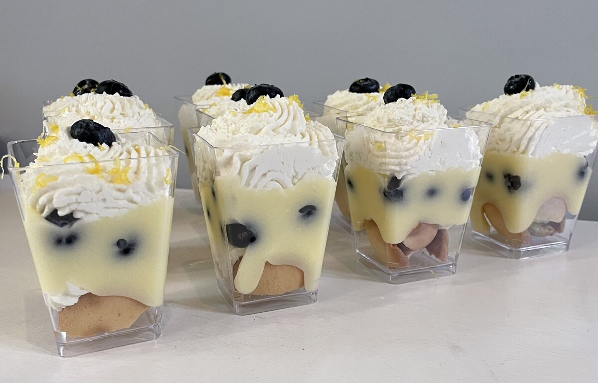 Lemon blueberry parfait desserts in clear glasses